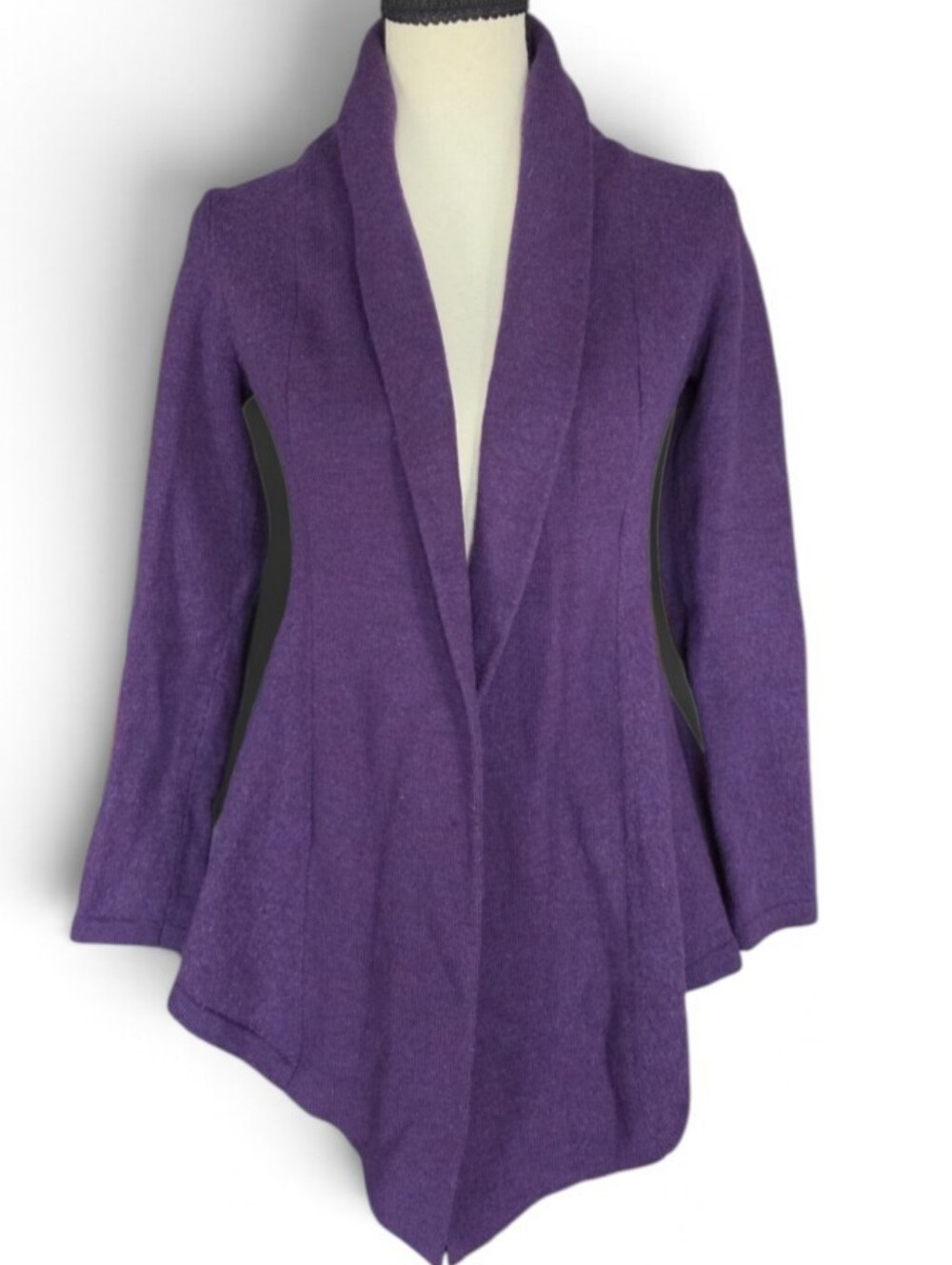 Neve Designs Purple 100% Wool Open Front Cardigan Shawl Collar Pleated Back-XS